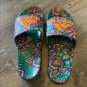 adidas Green Floral Slide Sandals